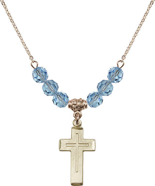 18" Hamilton Gold Plated Necklace with 4mm Aqua Crystal Beads featuring a 14kt Gold Filled Cross Medal.