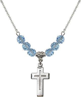 18" Rhodium Plated Necklace with 4mm Aqua Crystal Beads featuring a Sterling Silver Cross Medal.