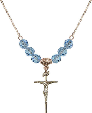 18" Hamilton Gold Plated Necklace with 4mm Aqua Crystal Beads featuring a 14kt Gold Filled Crucifix Medal.