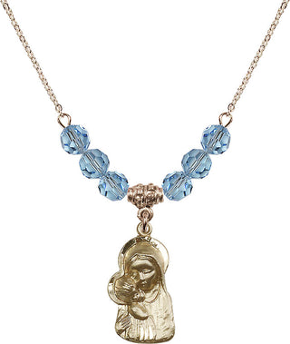 18" Hamilton Gold Plated Necklace with 4mm Aqua Crystal Beads featuring a 14kt Gold Filled Madonna & Child Medal.