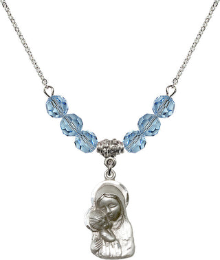 18" Rhodium Plated Necklace with 4mm Aqua Crystal Beads featuring a Sterling Silver Madonna & Child Medal.