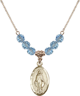 18" Hamilton Gold Plated Necklace with 4mm Aqua Crystal Beads featuring a 14kt Gold Filled Miraculous Medal.