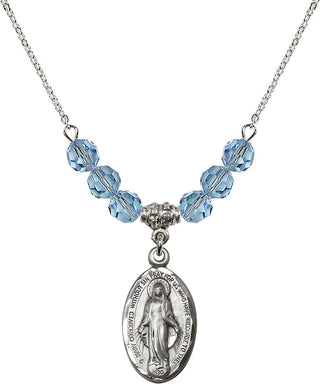 18" Rhodium Plated Necklace with 4mm Aqua Crystal Beads featuring a Sterling Silver Miraculous Medal.