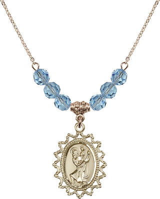 18" Hamilton Gold Plated Necklace with 4mm Aqua Crystal Beads featuring a 14kt Gold Filled Saint Christopher Medal.
