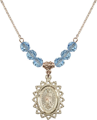 18" Hamilton Gold Plated Necklace with 4mm Aqua Crystal Beads featuring a 14kt Gold Filled Our Lady of Guadalupe Medal.