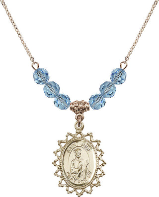18" Hamilton Gold Plated Necklace with 4mm Aqua Crystal Beads featuring a 14kt Gold Filled Saint Jude Medal.