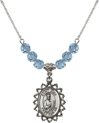 18" Rhodium Plated Necklace with 4mm Aqua Crystal Beads featuring a Sterling Silver Saint Jude Medal.