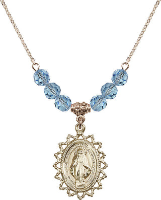 18" Hamilton Gold Plated Necklace with 4mm Aqua Crystal Beads featuring a 14kt Gold Filled Miraculous Medal.