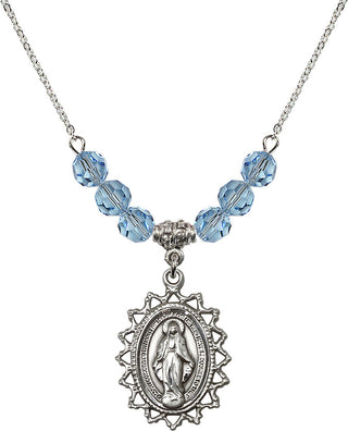 18" Rhodium Plated Necklace with 4mm Aqua Crystal Beads featuring a Sterling Silver Miraculous Medal.