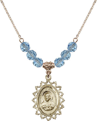 18" Hamilton Gold Plated Necklace with 4mm Aqua Crystal Beads featuring a 14kt Gold Filled Scapular Medal.
