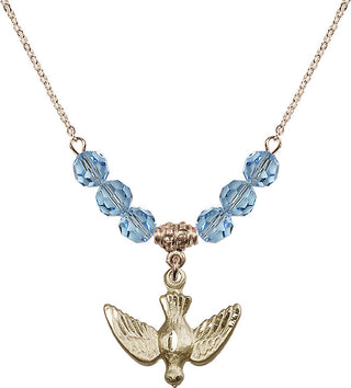 18" Hamilton Gold Plated Necklace with 4mm Aqua Crystal Beads featuring a 14kt Gold Filled Holy Spirit Medal.