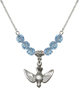 18" Rhodium Plated Necklace with 4mm Aqua Crystal Beads featuring a Sterling Silver Holy Spirit Medal.