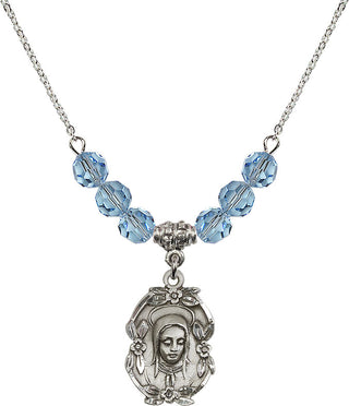 18" Rhodium Plated Necklace with 4mm Aqua Crystal Beads featuring a Sterling Silver Madonna Medal.