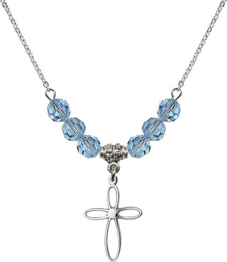 18" Rhodium Plated Necklace with 4mm Aqua Crystal Beads featuring a Sterling Silver Loop Cross Medal.