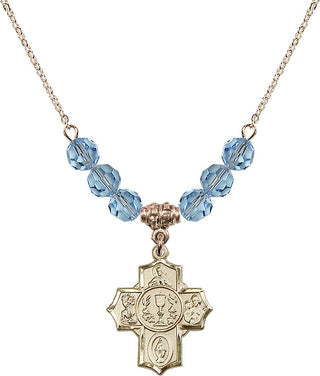 18" Hamilton Gold Plated Necklace with 4mm Aqua Crystal Beads featuring a 14kt Gold Filled Communion/5-Way Medal.