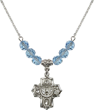 18" Rhodium Plated Necklace with 4mm Aqua Crystal Beads featuring a Sterling Silver 5-Way Medal.