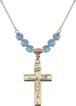 18" Hamilton Gold Plated Necklace with 4mm Aqua Crystal Beads featuring a 14kt Gold Filled Crucifix Medal.