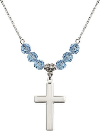 18" Rhodium Plated Necklace with 4mm Aqua Crystal Beads featuring a Sterling Silver Cross Medal.
