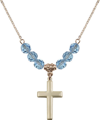 18" Hamilton Gold Plated Necklace with 4mm Aqua Crystal Beads featuring a 14kt Gold Filled Cross Medal.