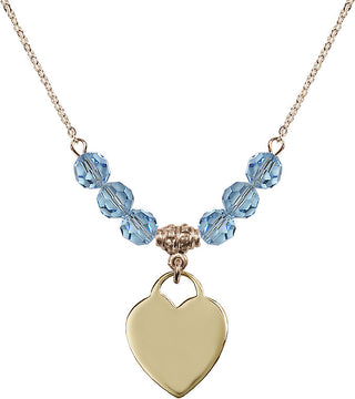 18" Hamilton Gold Plated Necklace with 4mm Aqua Crystal Beads featuring a 14kt Gold Filled Heart Medal. Engraved Catholic Saint Jewelry