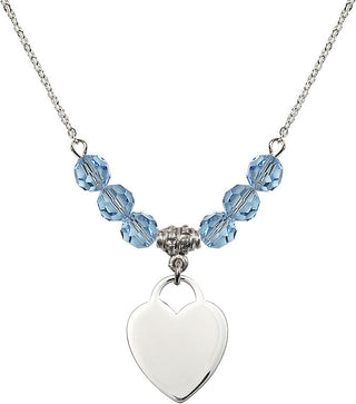 18" Rhodium Plated Necklace with 4mm Aqua Crystal Beads featuring a Sterling Silver Heart Medal. Engraved Catholic Saint Jewelry