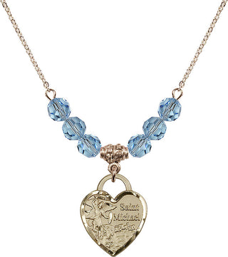 18" Hamilton Gold Plated Necklace with 4mm Aqua Crystal Beads featuring a 14kt Gold Filled Saint Michael the Archangel Medal. Engraved Catholic Saint Jewelry