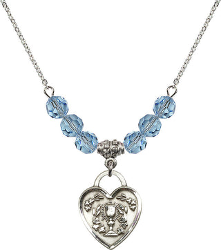 18" Rhodium Plated Necklace with 4mm Aqua Crystal Beads featuring a Sterling Silver Communion Heart Medal. Engraved Catholic Saint Jewelry