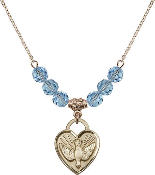 18" Hamilton Gold Plated Necklace with 4mm Aqua Crystal Beads featuring a 14kt Gold Filled Confirmation Heart Medal. Engraved Catholic Saint Jewelry