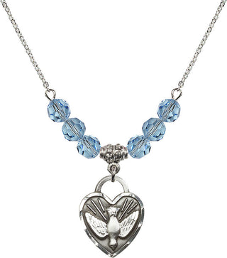 18" Rhodium Plated Necklace with 4mm Aqua Crystal Beads featuring a Sterling Silver Confirmation Heart Medal. Engraved Catholic Saint Jewelry