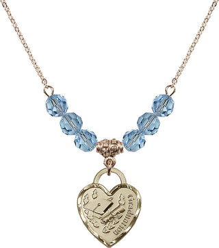 18" Hamilton Gold Plated Necklace with 4mm Aqua Crystal Beads featuring a 14kt Gold Filled Graduation Heart Medal. Engraved Catholic Saint Jewelry