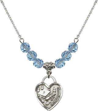 18" Rhodium Plated Necklace with 4mm Aqua Crystal Beads featuring a Sterling Silver Graduation Heart Medal. Engraved Catholic Saint Jewelry