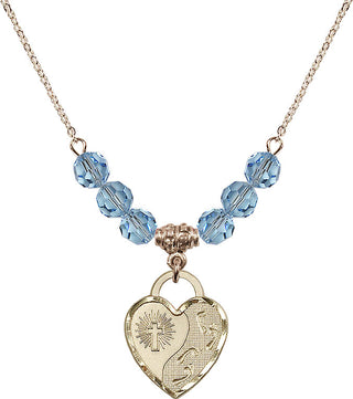 18" Hamilton Gold Plated Necklace with 4mm Aqua Crystal Beads featuring a 14kt Gold Filled Footprints Heart Medal. Engraved Catholic Saint Jewelry