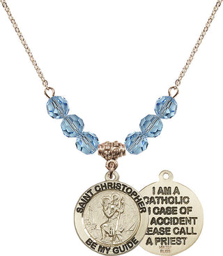 18" Hamilton Gold Plated Necklace with 4mm Aqua Crystal Beads featuring a 14kt Gold Filled Saint Christopher Medal.
