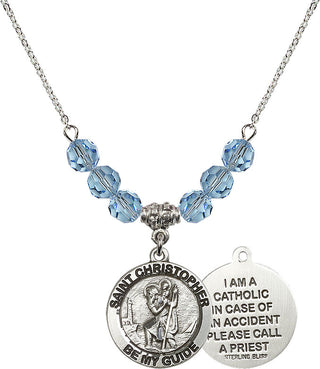 18" Rhodium Plated Necklace with 4mm Aqua Crystal Beads featuring a Sterling Silver Saint Christopher Medal.