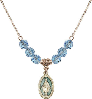 18" Hamilton Gold Plated Necklace with 4mm Aqua Crystal Beads featuring a 14kt Gold Filled Miraculous Medal.