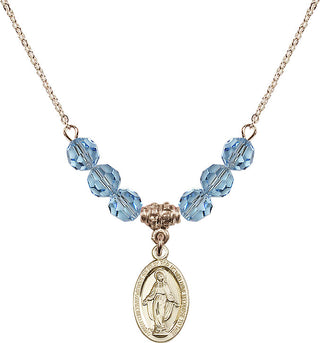 18" Hamilton Gold Plated Necklace with 4mm Aqua Crystal Beads featuring a 14kt Gold Filled Miraculous Medal.