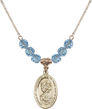 18" Hamilton Gold Plated Necklace with 4mm Aqua Crystal Beads featuring a 14kt Gold Filled Saint Christopher Medal. Engraved Catholic Saint Jewelry