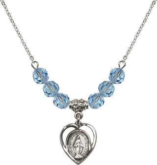 18" Rhodium Plated Necklace with 4mm Aqua Crystal Beads featuring a Sterling Silver Miraculous Medal.