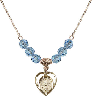 18" Hamilton Gold Plated Necklace with 4mm Aqua Crystal Beads featuring a 14kt Gold Filled Scapular Medal.