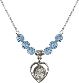 18" Rhodium Plated Necklace with 4mm Aqua Crystal Beads featuring a Sterling Silver Scapular Medal.