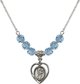 18" Rhodium Plated Necklace with 4mm Aqua Crystal Beads featuring a Sterling Silver Saint Christopher Medal.