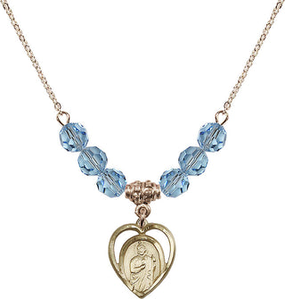18" Hamilton Gold Plated Necklace with 4mm Aqua Crystal Beads featuring a 14kt Gold Filled Saint Jude Medal.