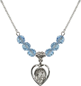 18" Rhodium Plated Necklace with 4mm Aqua Crystal Beads featuring a Sterling Silver Guardian Angel Medal.
