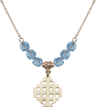 18" Hamilton Gold Plated Necklace with 4mm Aqua Crystal Beads featuring a 14kt Gold Filled Jerusalem Cross Medal.