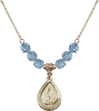 18" Hamilton Gold Plated Necklace with 4mm Aqua Crystal Beads featuring a 14kt Gold Filled Miraculous Medal.