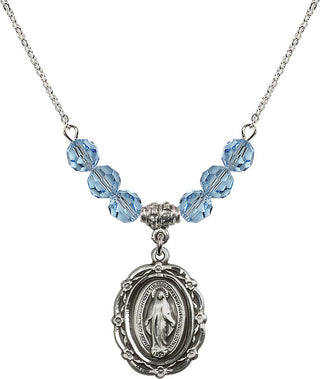18" Rhodium Plated Necklace with 4mm Aqua Crystal Beads featuring a Sterling Silver Miraculous Medal.