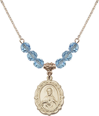 18" Hamilton Gold Plated Necklace with 4mm Aqua Crystal Beads featuring a 14kt Gold Filled Scapular Medal.