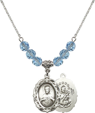 18" Rhodium Plated Necklace with 4mm Aqua Crystal Beads featuring a Sterling Silver Scapular Medal.