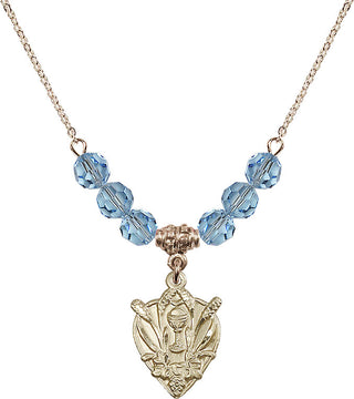 18" Hamilton Gold Plated Necklace with 4mm Aqua Crystal Beads featuring a 14kt Gold Filled Communion Medal.