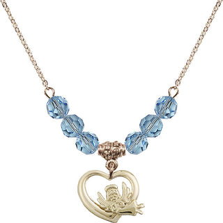 18" Hamilton Gold Plated Necklace with 4mm Aqua Crystal Beads featuring a 14kt Gold Filled Heart / Guardian Angel Medal.